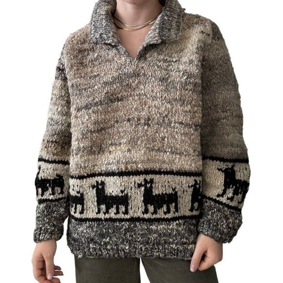 Vintage Unisex 100% Wool Hand Knit Chunky Alpaca Collared Oversized Boho Sweater - Picture 1 of 5